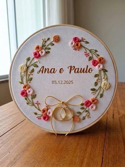 Porta Alianças Floral Bordado Manual Personalizado em Bastidor