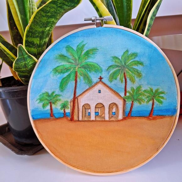 Bastidor Porta Alianças Aquarela e Bordado Igreja Pronta Entrega