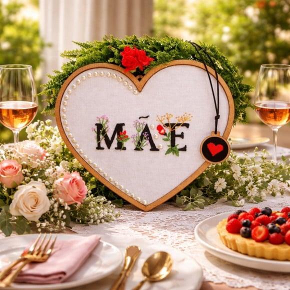 Coração Mãe Bordado + Brinde Pingente Bordado à Mão