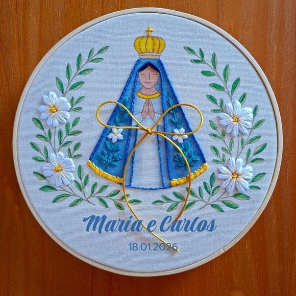 Porta Alianças Nossa Sra. Aparecida Bordado à mão Personalizad