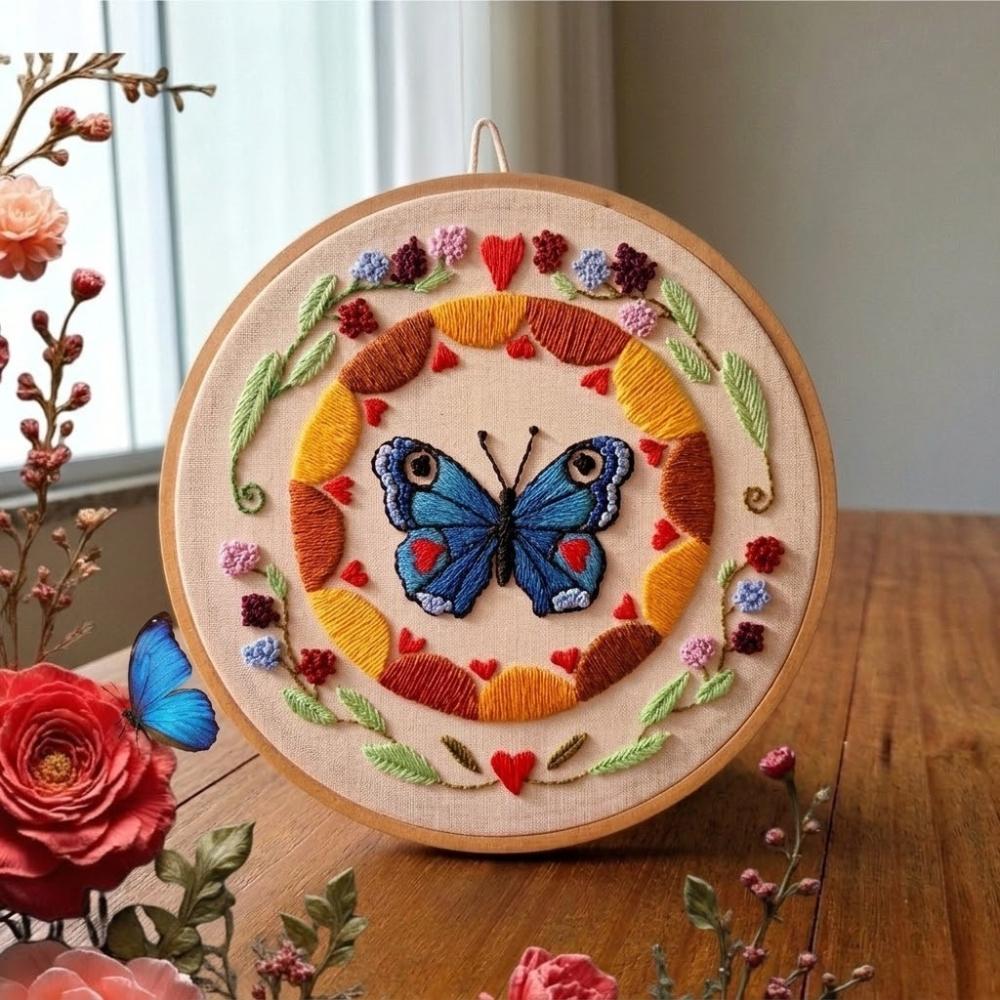 Borboleta Azul Mandala Renovação Bordado a mão em Bastidor