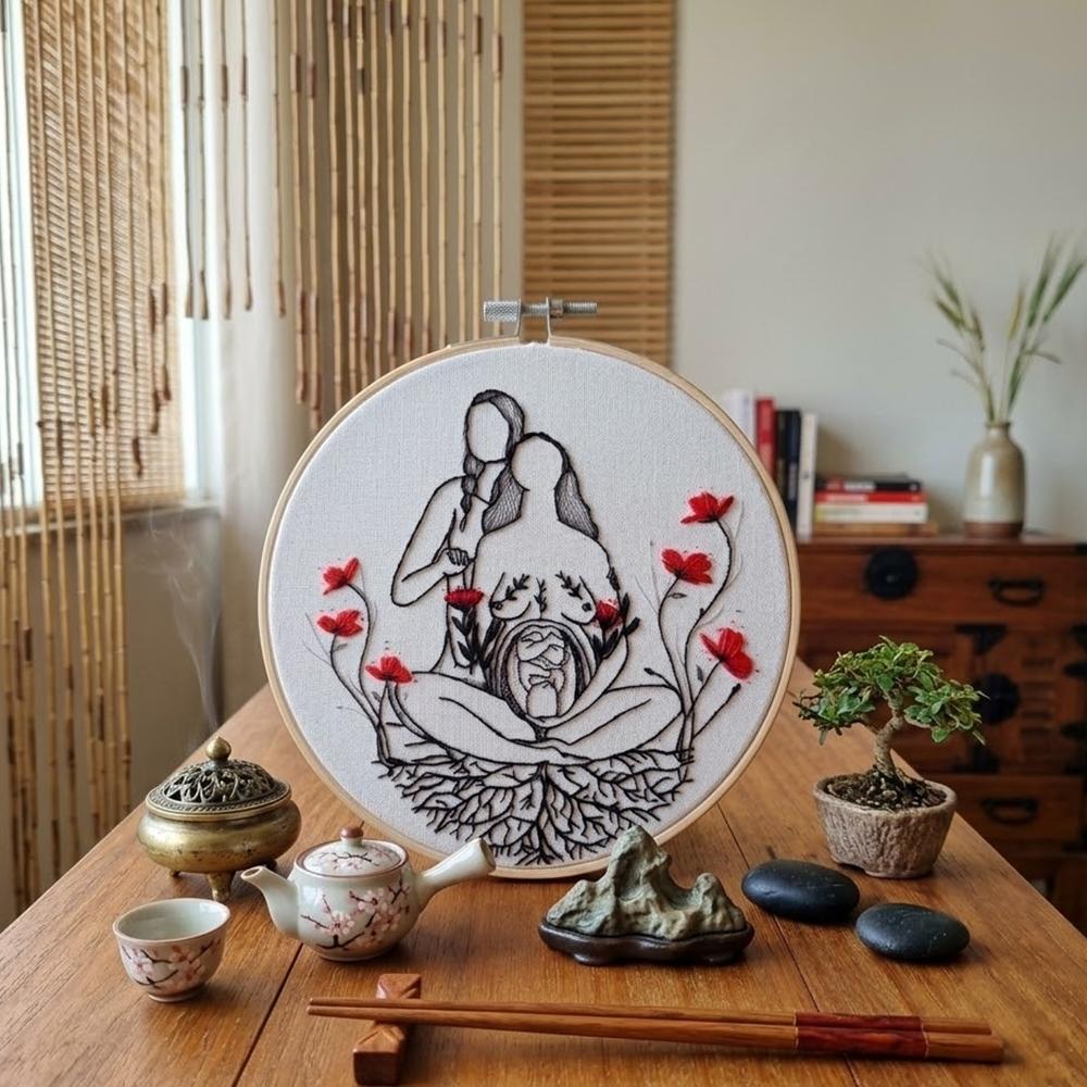 Gestante Doula Aquarela e Bordado à Mão em Bastidor