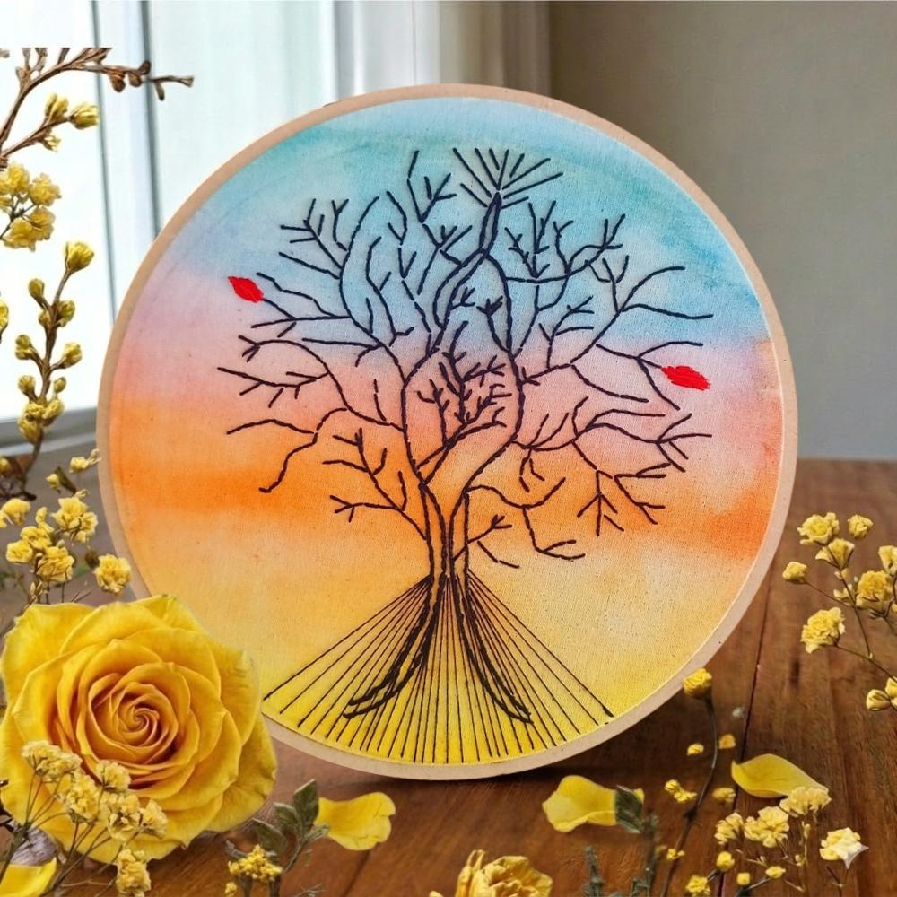 Árvore da Vida Bordado e Aquarela Bastidor