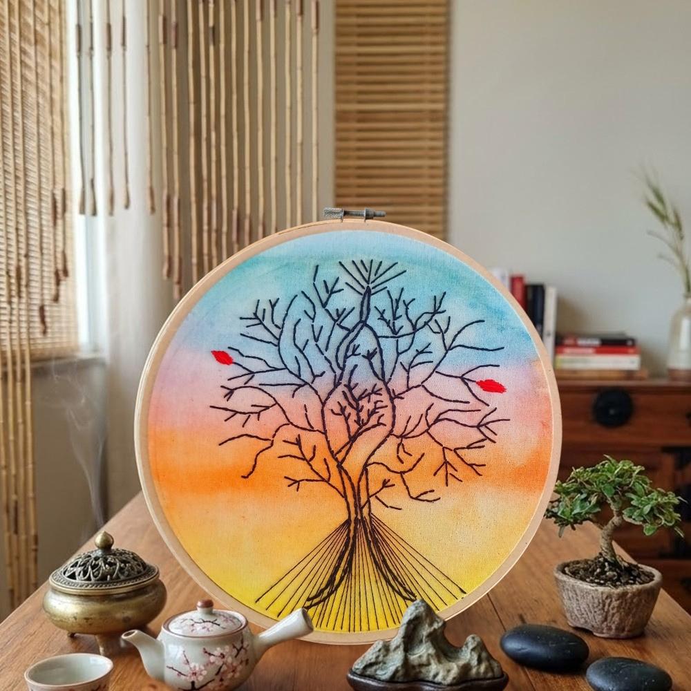 Árvore da Vida Bordado e Aquarela Bastidor