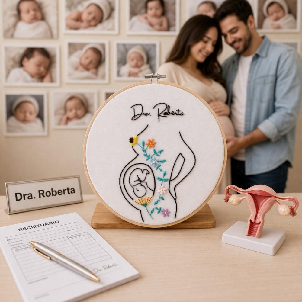 Gestante Bebê Utero Presente Obstetra, Doula em Bastidor Bordado