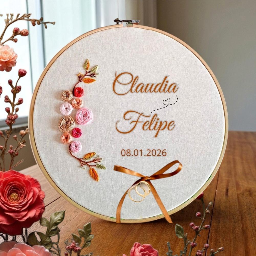 Porta Alianças Bordado a Mão em Bastidor Personalizado Frase