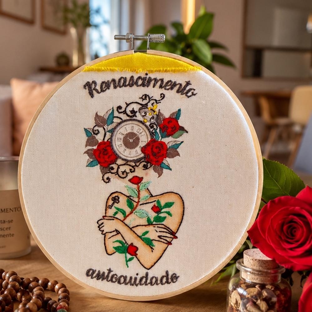 Quadro Aquarela e Bordado Renascimento e Autocuidado