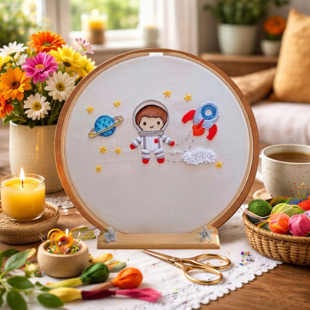 Porta Maternidade Astronauta Bordado em Bastidor Personalizado