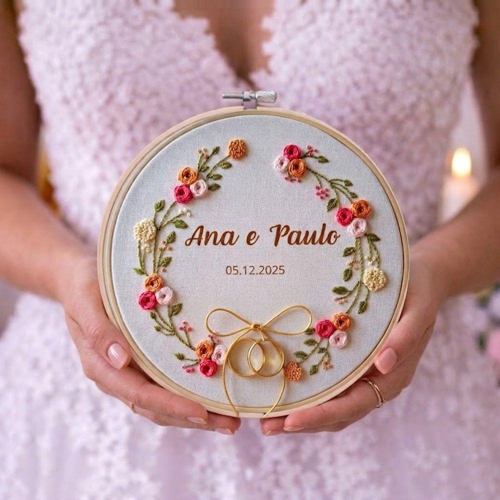 Porta Alianças Floral Bordado Manual Personalizado em Bastidor