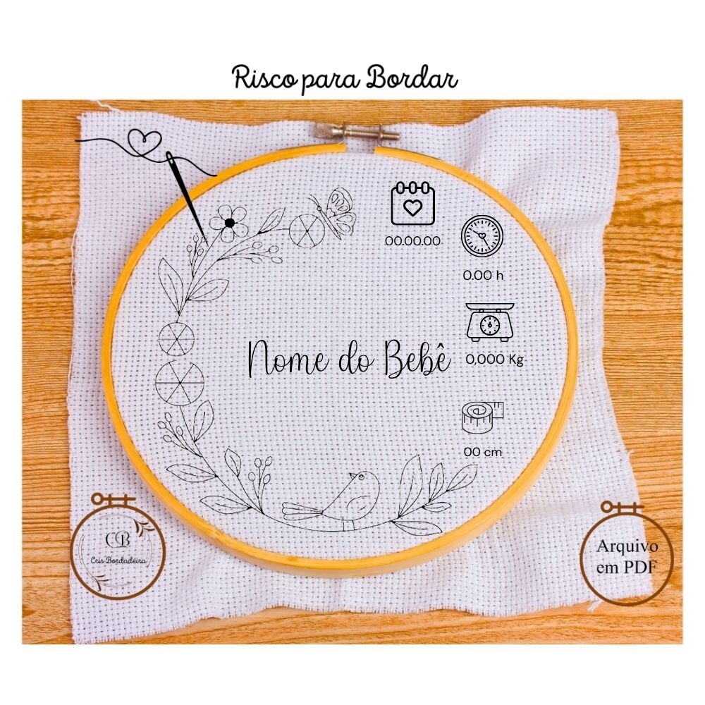 Risco para Bordar Nascimento Bebê Pássaros Dados Personalizado
