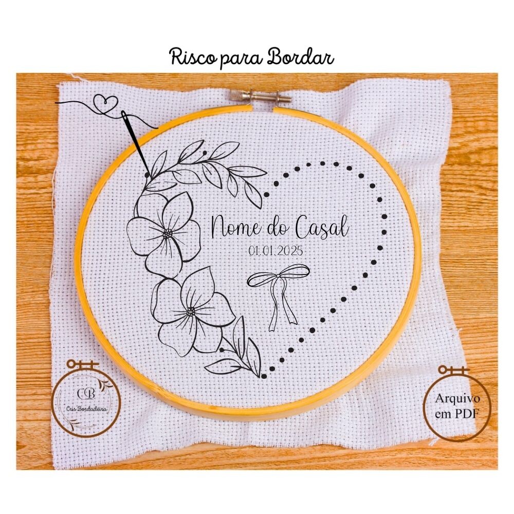 Risco para Bordar 💍Porta Alianças Coração Floral 💝 Gráf