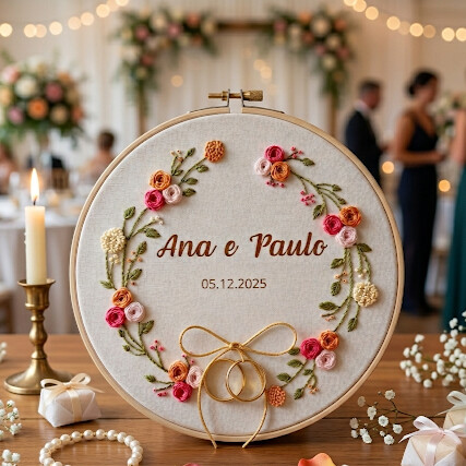 Porta Alianças Floral Bordado Manual Personalizado em Bastidor