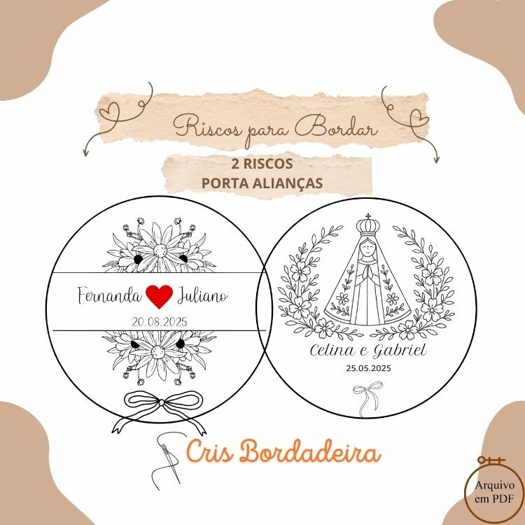 Riscos para Bordar Porta Alianças Personalizados Pacote com 2 ri