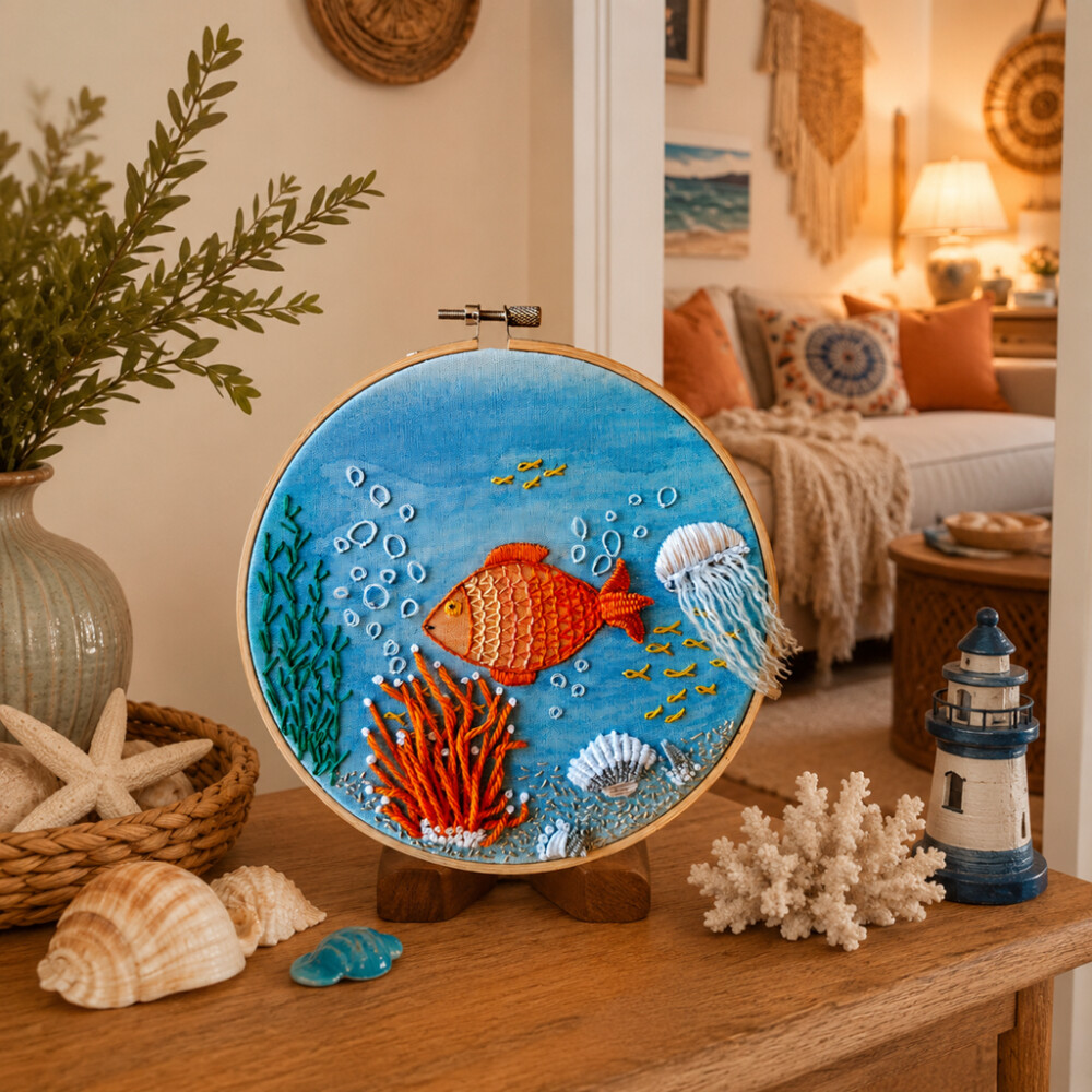 Fundo do Mar Bordado à mão sobre Aquarela em Bastidor decoraç?