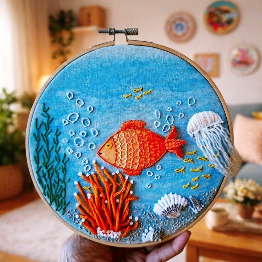 Fundo do Mar Bordado à mão sobre Aquarela em Bastidor decoraç?