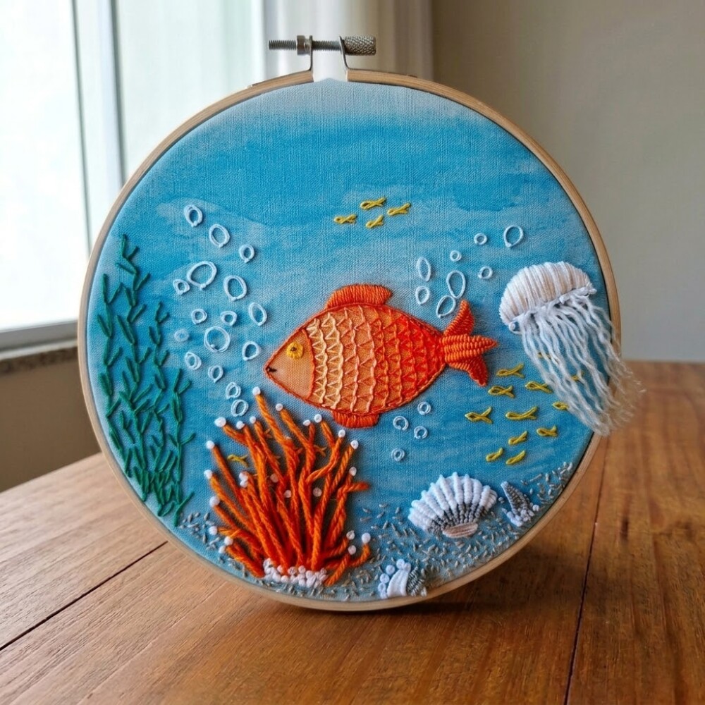 Fundo do Mar Bordado à mão sobre Aquarela em Bastidor decoraç?