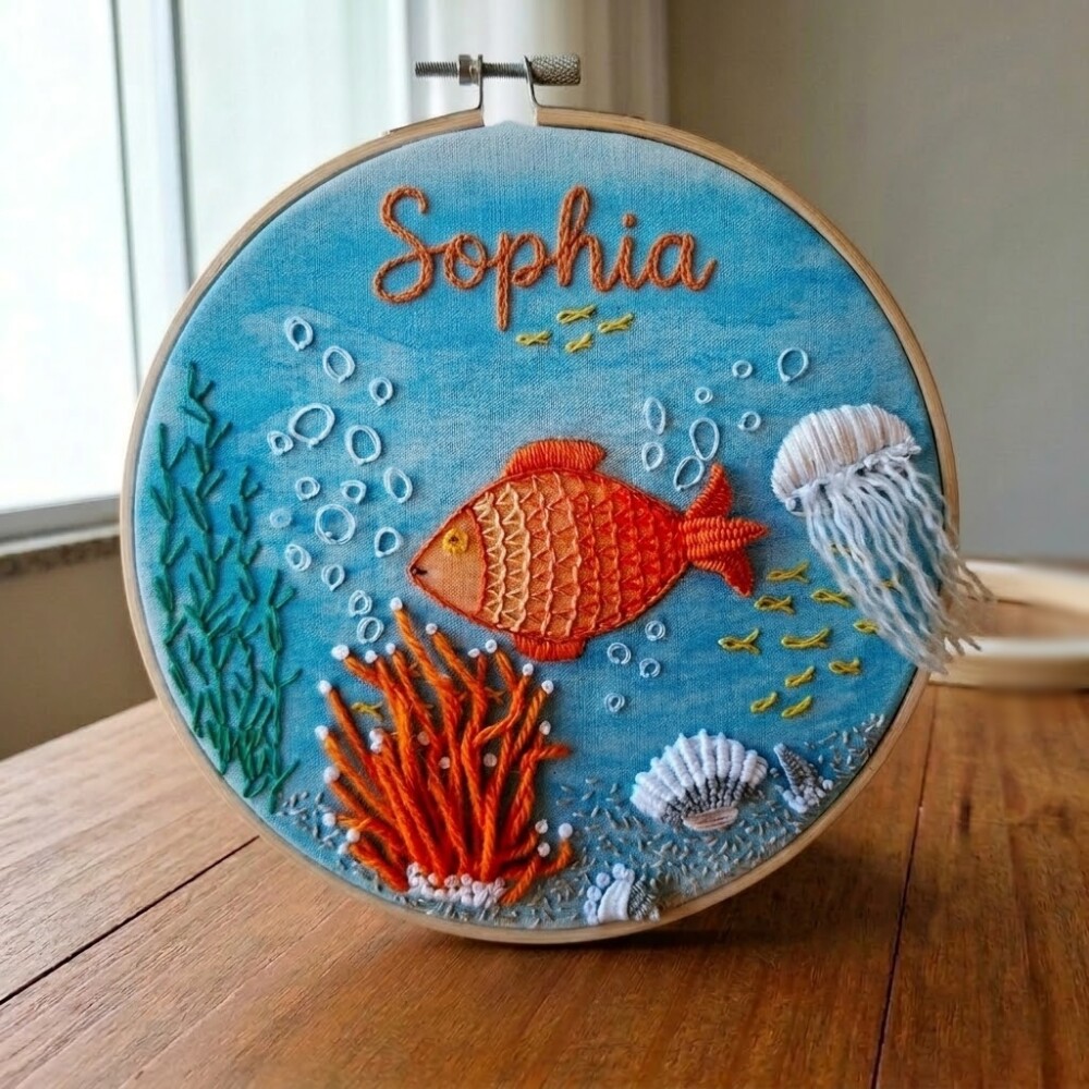 Porta Maternidade Fundo do Mar Bordado à mão sobre Aquarela Sem