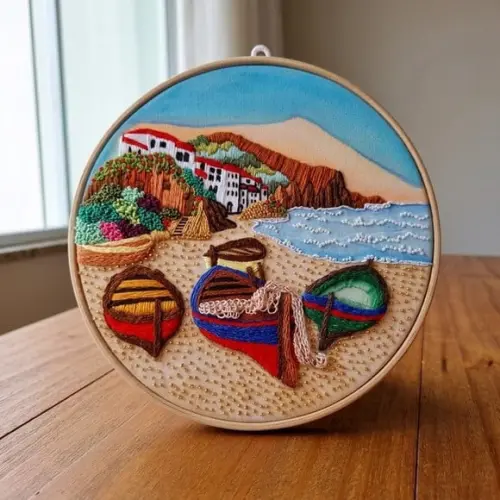 Praia Mar Barcos Cais Porto Aquarela Bordado a Mão Pronta Entrega