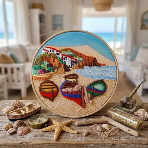 Praia Mar Barcos Cais Porto Aquarela Bordado a Mão Pronta Entreg