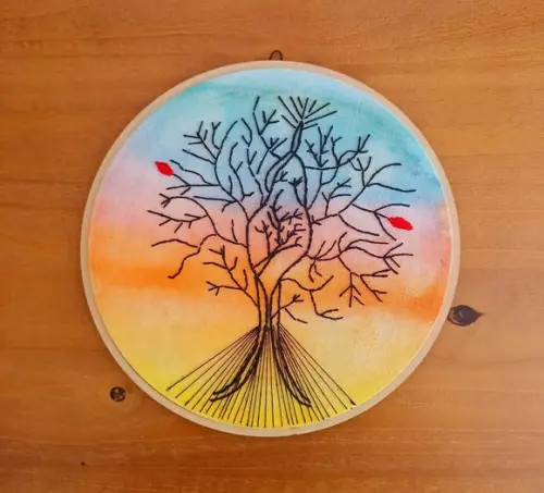 Árvore da Vida Bordado e Aquarela Bastidor