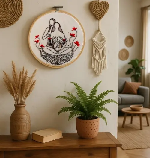 Gestante Doula Aquarela e Bordado à Mão em Bastidor