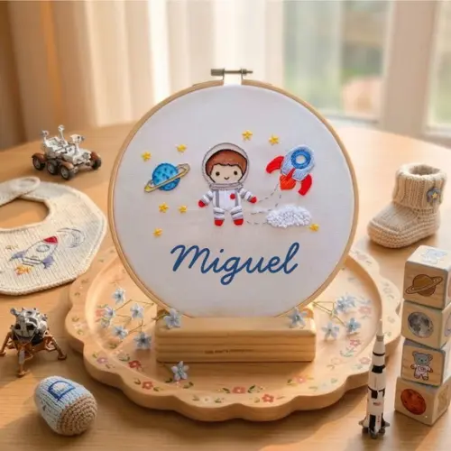 Porta Maternidade Astronauta Bordado em Bastidor Personalizado