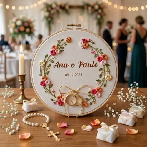 Porta Alianças Floral Bordado Manual Personalizado em Bastidor