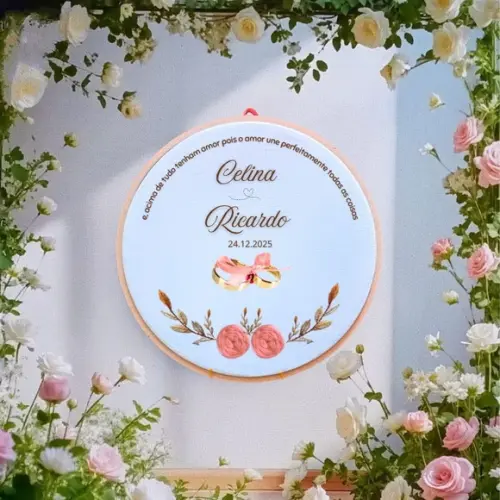 Porta Alianças Bordado à Mão em Bastidor Personalizado com fra