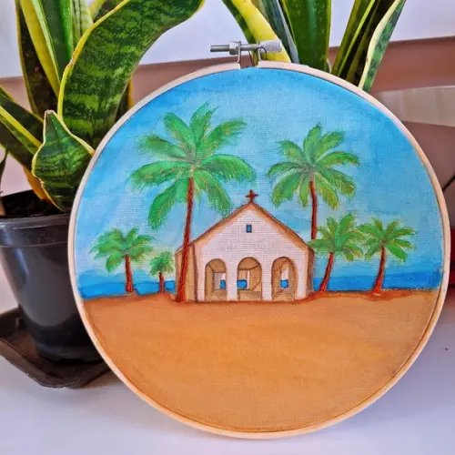 Bastidor Porta Alianças Aquarela e Bordado Igreja Pronta Entrega