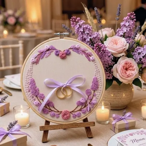 Porta Alianças Lavanda Bordado à mão Personalizado em Bastidor