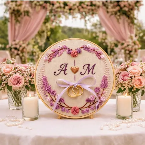 Porta Alianças Lavanda Bordado à mão Personalizado em Bastidor