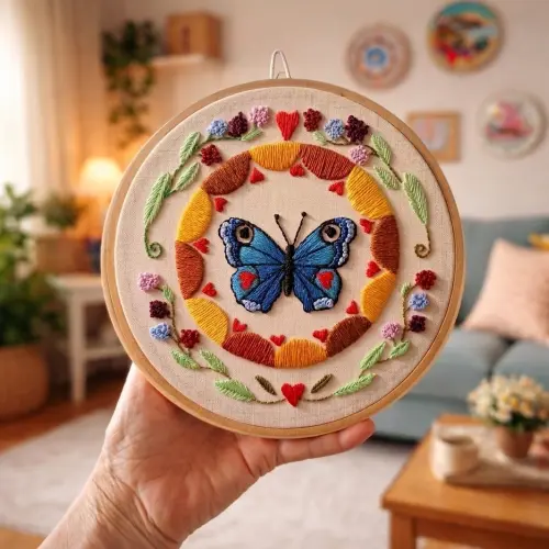 Borboleta Azul Mandala Renovação Bordado a mão em Bastidor