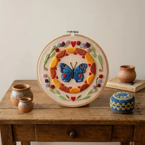 Borboleta Azul Mandala Renovação Bordado a mão em Bastidor