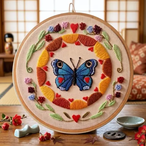 Borboleta Azul Mandala Renovação Bordado a mão em Bastidor