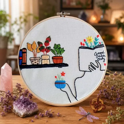 Quadro Bordado em Bastidor Good Vibes Only para Home Office e Sal