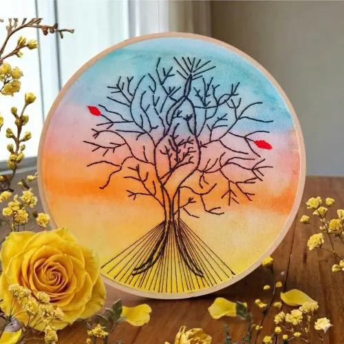 Árvore da Vida Bordado e Aquarela Bastidor