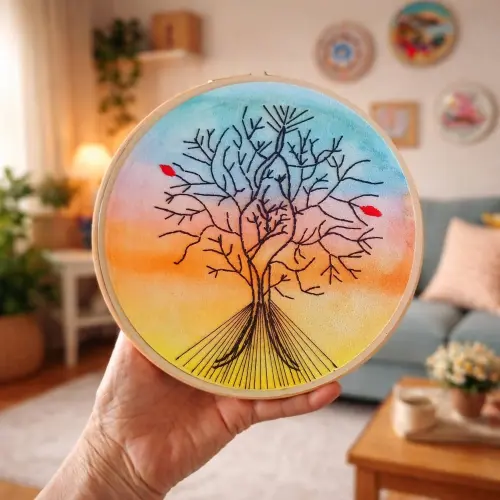 Árvore da Vida Bordado e Aquarela Bastidor