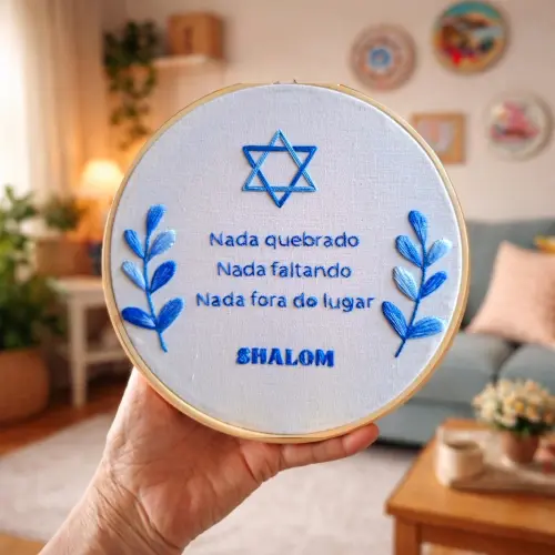 Shalom Bordado a Mão em Bastidor Decoração Afetiva