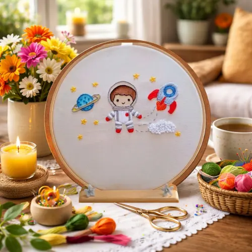 Porta Maternidade Astronauta Bordado em Bastidor Personalizado
