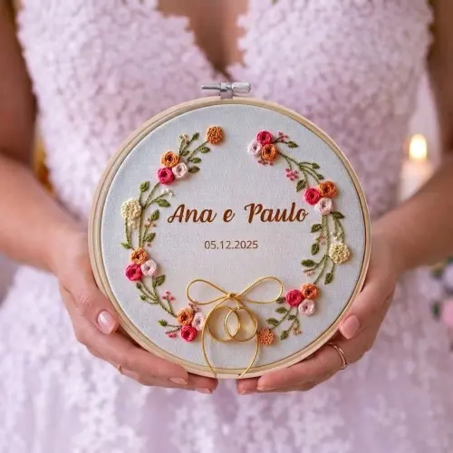 Porta Alianças Floral Bordado Manual Personalizado em Bastidor