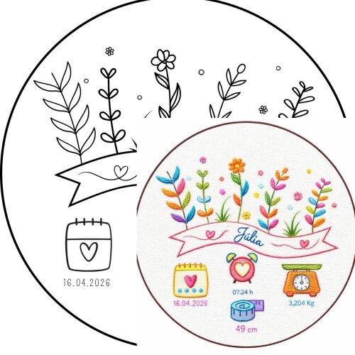 Risco para Bordar Nascimento Bebê Jardim Colorido Dados Personalizado