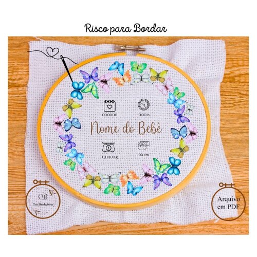 Risco para Bordar Nascimento Bebê Borboletas Dados Personalizado