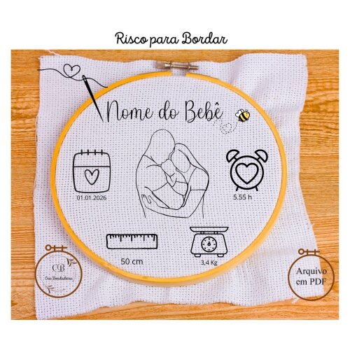 Risco para Bordar Nascimento Bebê 💝 Amor de Pai e Mãe Dados Personalizado