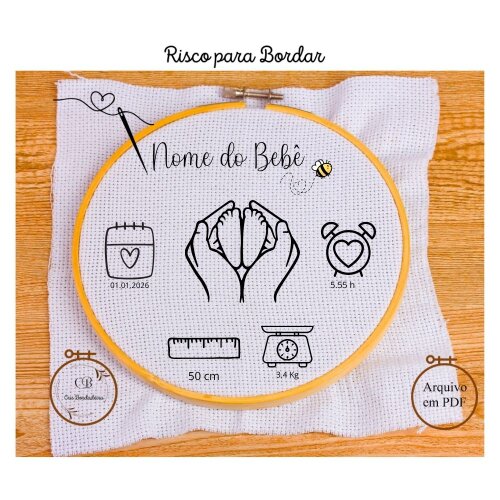 Risco para Bordar Nascimento Bebê 👣 Pézinhos Dados Personalizado