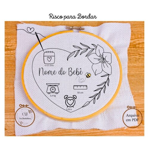 Risco para Bordar Nascimento Bebê💗 Coração Floral Dados Personalizado