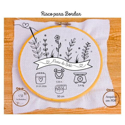Risco para Bordar Nascimento Bebê 🌹Jardim Dados Personalizado