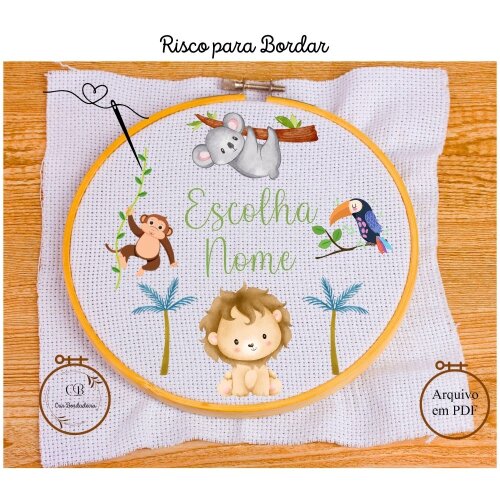 Risco para Bordar Porta Maternidade🐒  Safari  🦁 Nome Personalizado