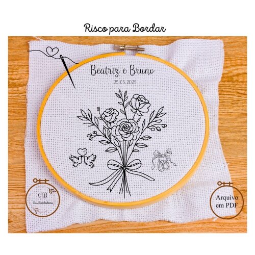 Risco para Bordar 💍 Porta Alianças Buquê💐 Gráfico Bordado Manual Personalizado