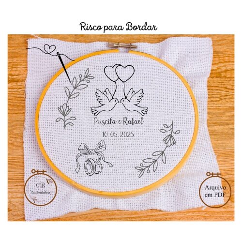 Risco para Bordar 💍 Porta Alianças Pombinhos 🕊️ Gráfico Bordado Manual Personalizado