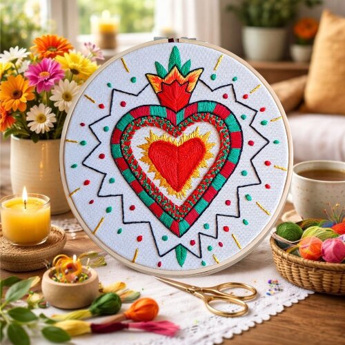 Milagrito Mexicano Bordado à mão Coração de Amor Proteção e